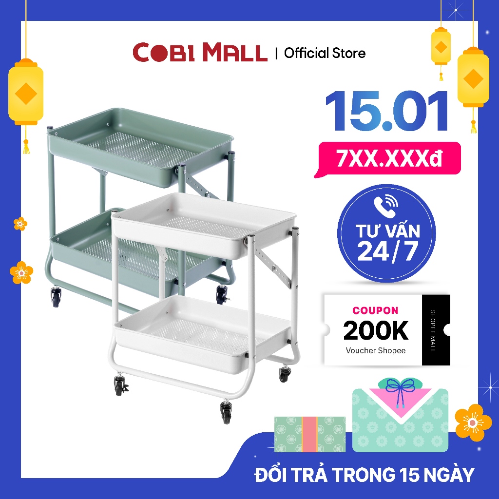 Kệ gấp gọn hai tầng có bánh xe Olivine - Cobi home