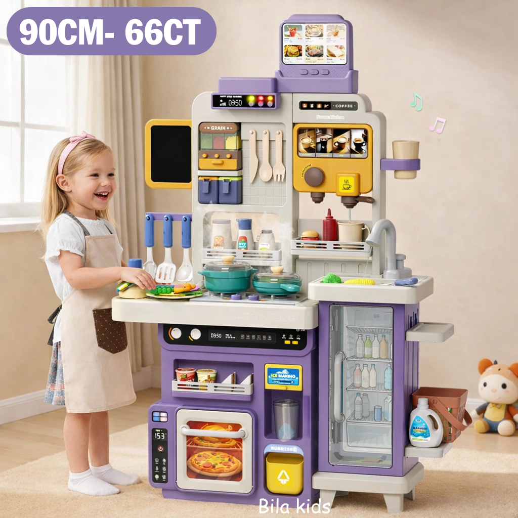 Bộ Đồ Chơi Nấu Ăn Cho Bé 90cm Có Máy Pha Cà Phê, Tủ Đá Viên, Khói, Nước Chảy, Âm Thanh, Đèn Nhạc – Nhà Bếp Đồ Chơi