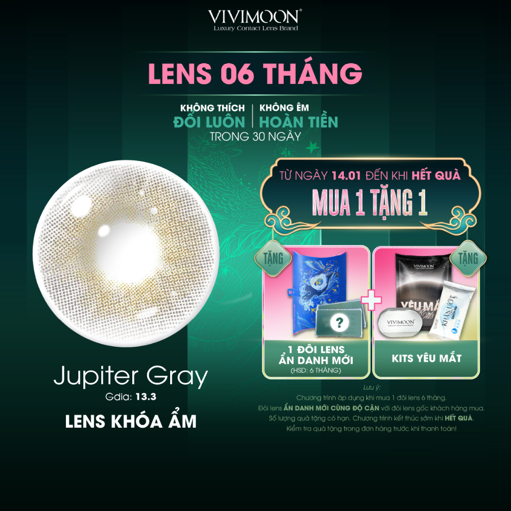 Lens khóa ẩm cận Jupiter Gray VIVIMOON màu xám pha ánh vàng 3 -  6 tháng (Giá 01 đôi)