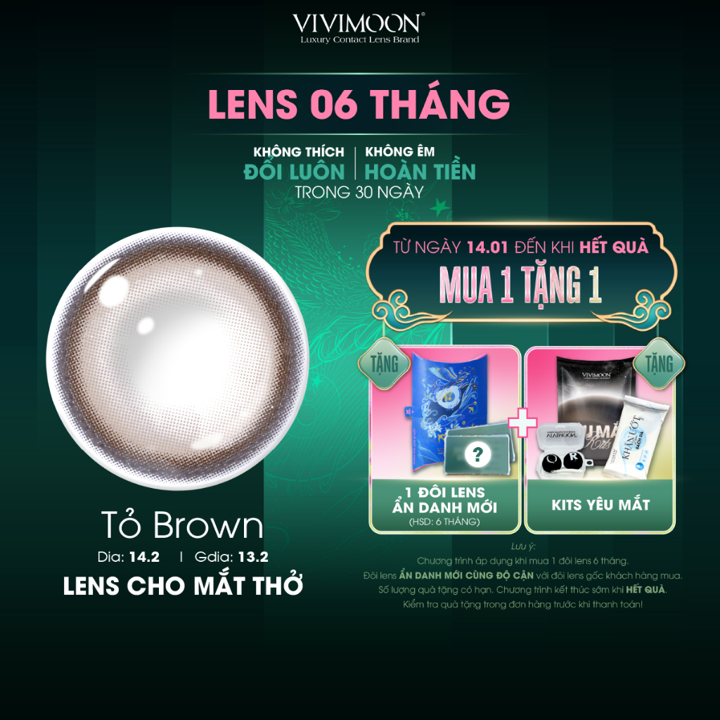 Kính áp tròng VIVIMOON màu nâu xám TỎ BROWN, lens cận cho mắt thở, hạn sử dụng 6 tháng độ cận 0-8