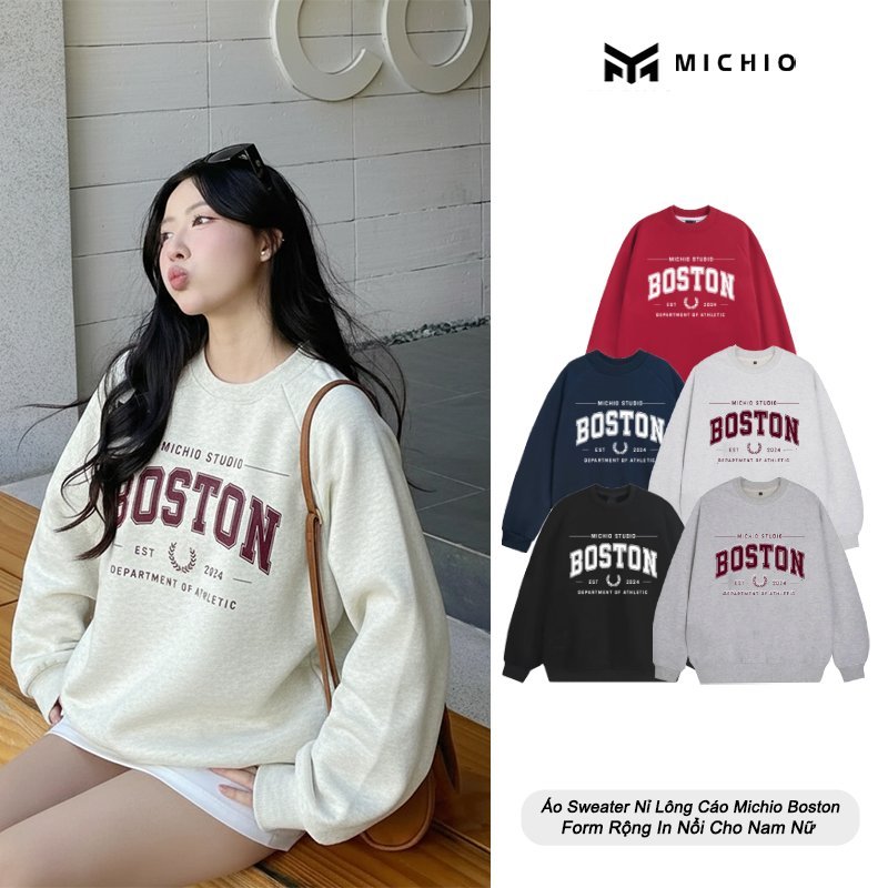 Áo Sweater Nỉ Lông Cáo Michio Basic Form Rộng Logo Boston Cho Nam Nữ