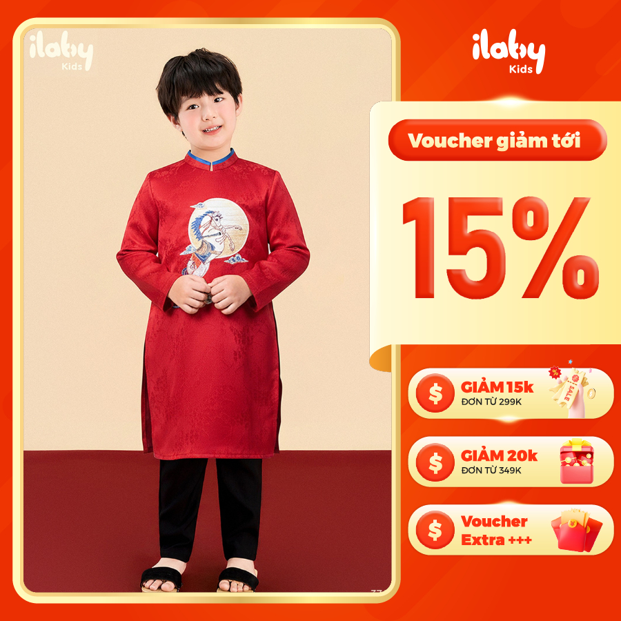 [ILABY HCM] Áo dài bé trai THIÊN MÃ họa tiết thêu tay tinh xảo vải tafta cao cấp không quần [3746]