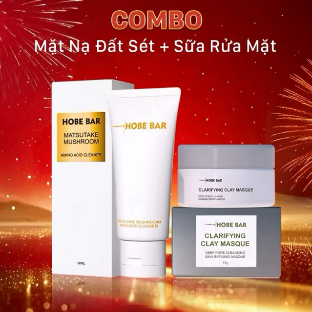Combo Mặt Nạ Đất Sét 55G + Sữa Rửa Mặt 50ML HOBEBAR Làm Sạch Sâu Lỗ Chân Lông Cấp Ẩm Cho Làn Da Chắc