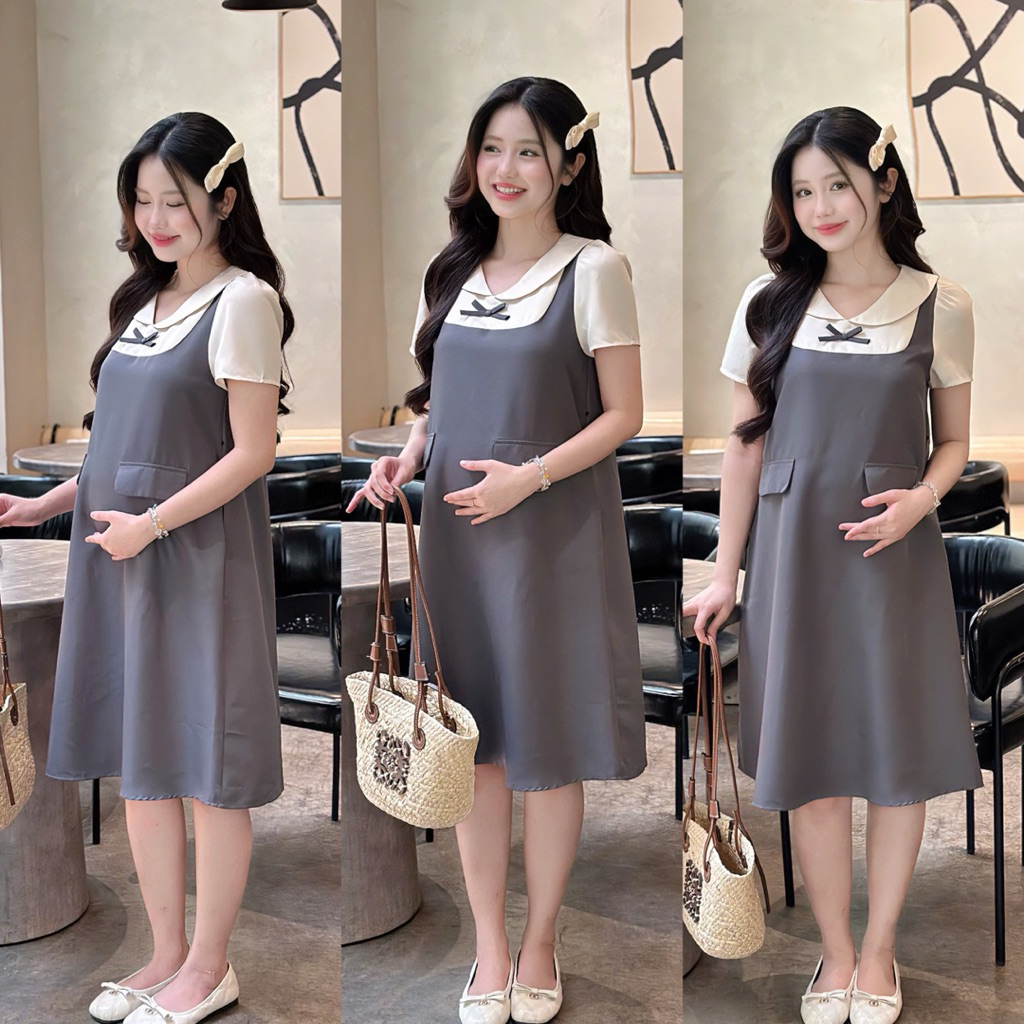 EVERMOM l Đầm bầu Minhy công sở yếm liền chất cotton lạnh cổ sen phối nơ xinh xắn.