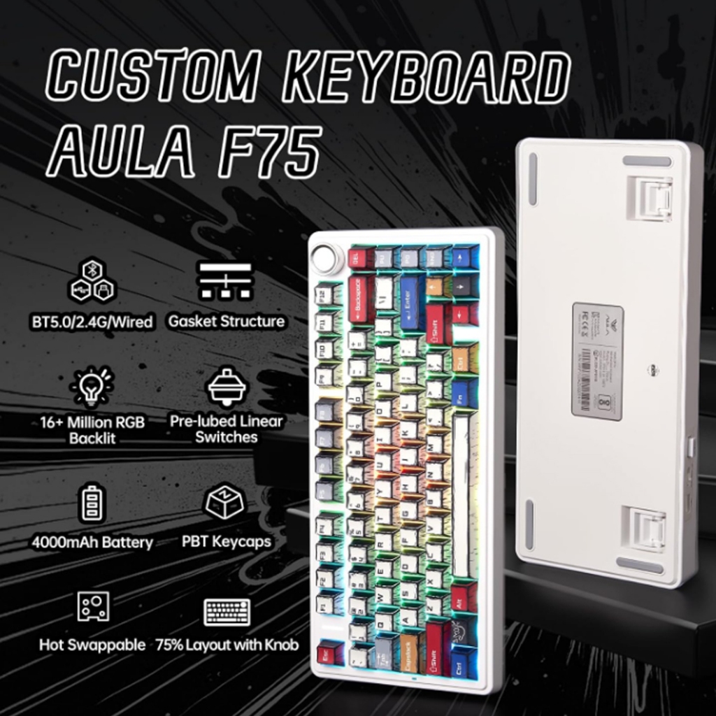 Bàn phím cơ AULA 3 Mode F75 Phiên Bản Màu Comic Gundam Không Dây Hotswap Bluetooth 5.1USB 2.4G Có Núm Vặn Đa Năng | BigBuy360 - bigbuy360.vn