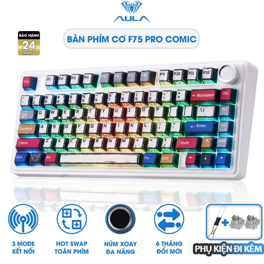 Bàn phím cơ AULA 3 Mode F75 Phiên Bản Màu Comic Gundam Không Dây Hotswap Bluetooth 5.1USB 2.4G Có Nú