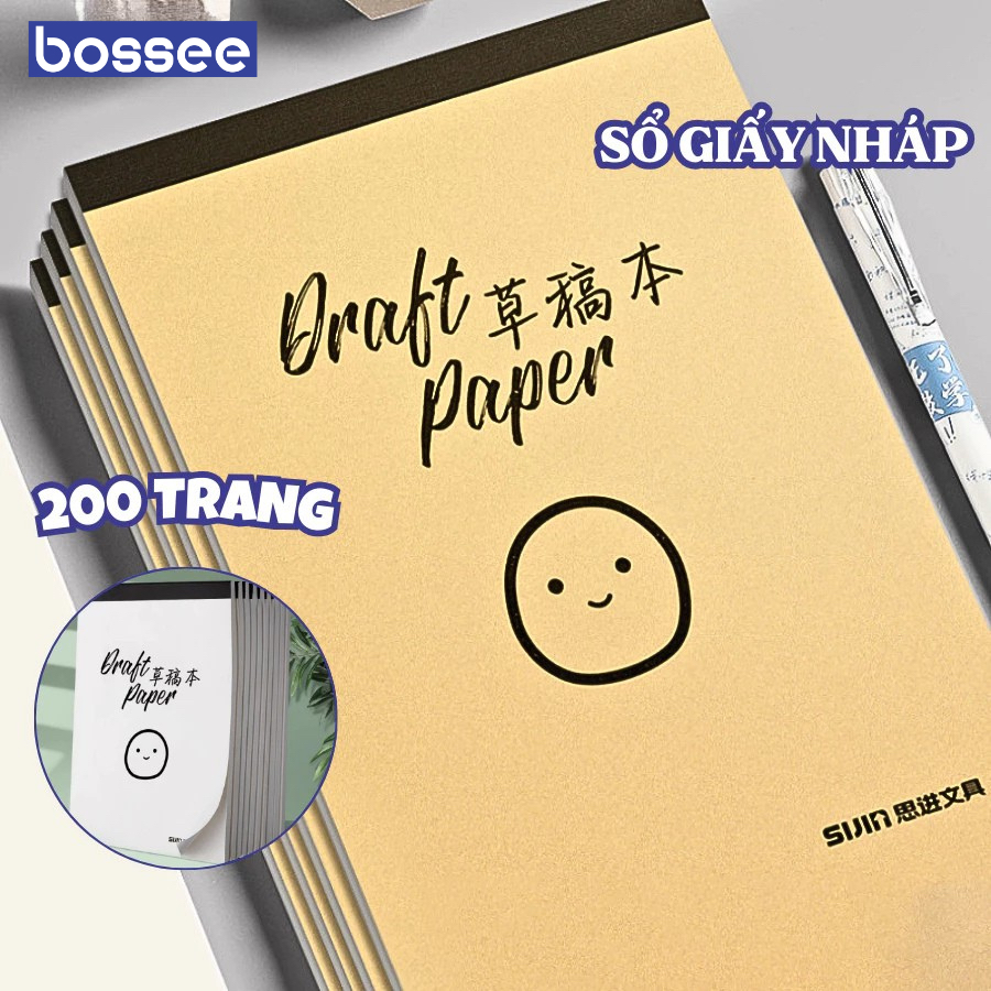 Sổ giấy ghi chú 200 trang, giấy nháp, sổ tay ghi chép - Sổ nháp bìa kraft giấy trắng, sổ tay lật dọc