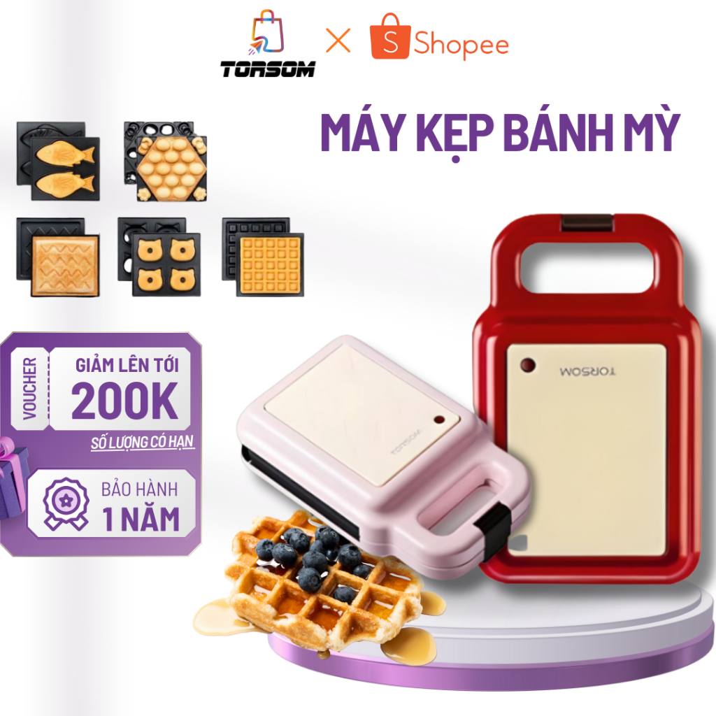 Máy Kẹp Bánh Mì Torsom, Yidpu Hẹn Giờ,Làm Bánh Waffle,Sandwich, Máy Nướng Bánh Máy Làm Bánh Cho Bé