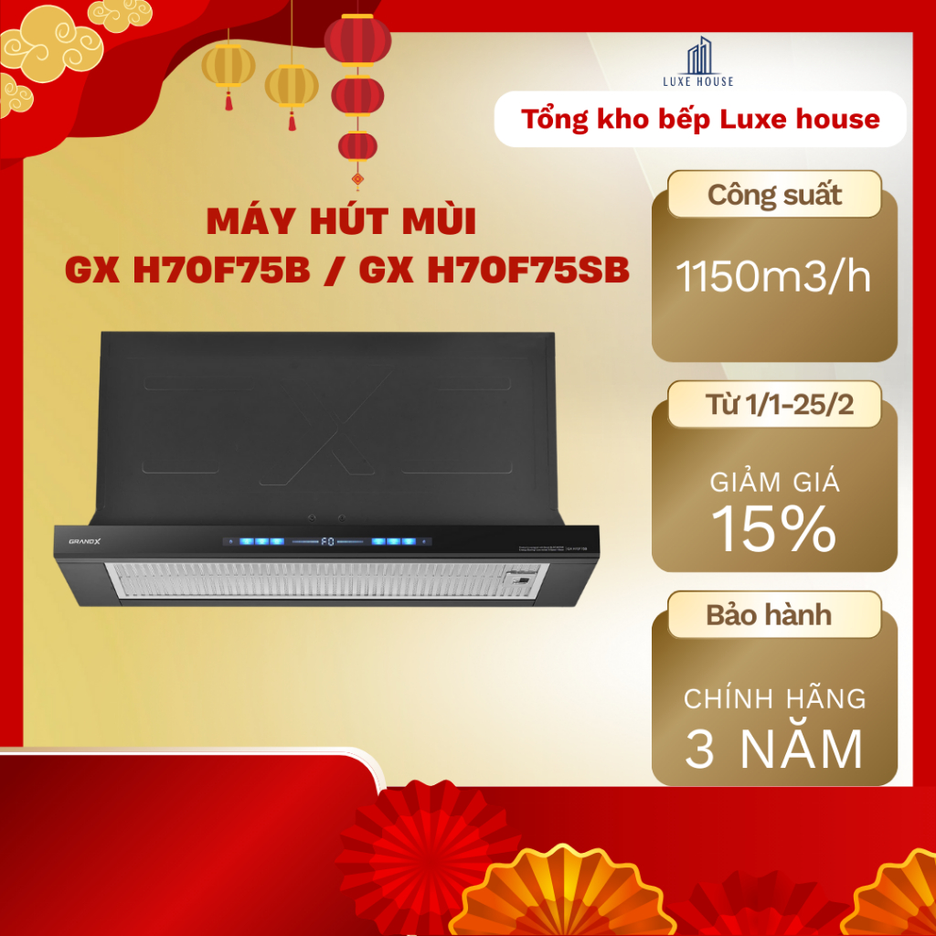 Hút Mùi GRAND X GX H70F75B / GX H70F75SB 70cm Kéo Rút Cảm Ứng Chạm Thông Minh Động Cơ BLDC Êm Ái