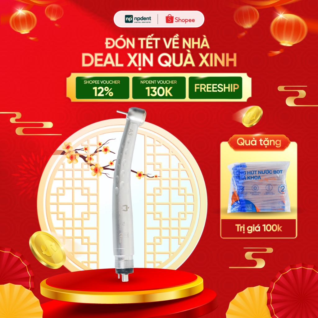 Tay khoan nhanh AppleDental A3 NPDENT, Tay khoan tốc độ cao 3 tia nước, độ ồn thấp, bảo hành 3 tháng