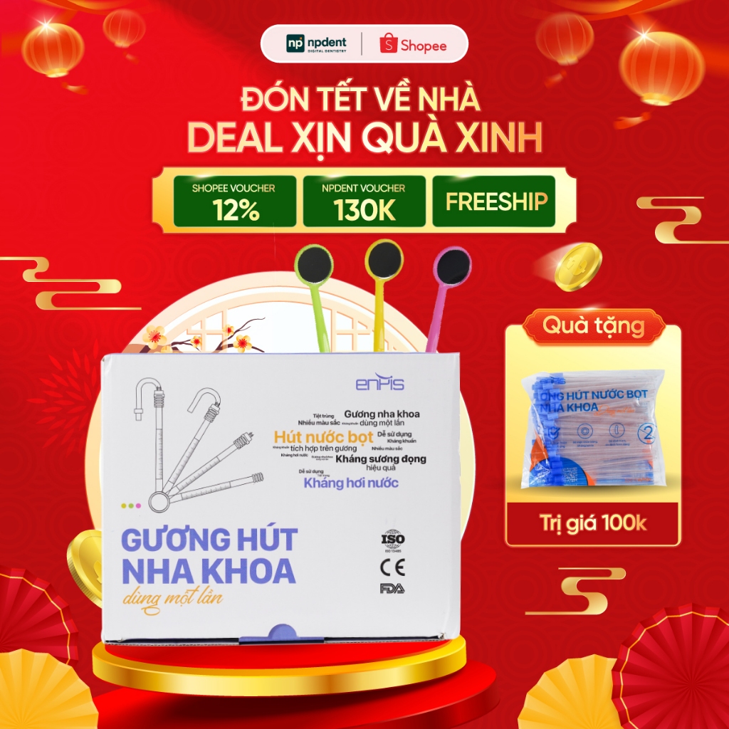 NPDENT - Gương hút nha khoa ENPIS, có kèm ống hút đa năng, hỗ trợ hút và làm sạch, kháng khuẩn (Hộp 