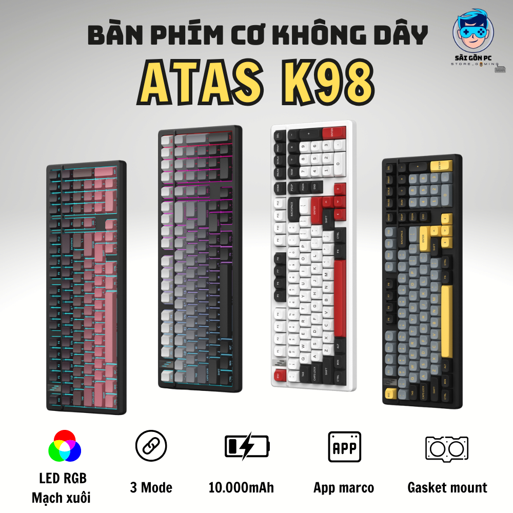 Bàn phím cơ không dây ATAS K98 - Full Foam - 3 Mode - Pin 10000mah - Mạch xuôi - LED RGB - App Marco