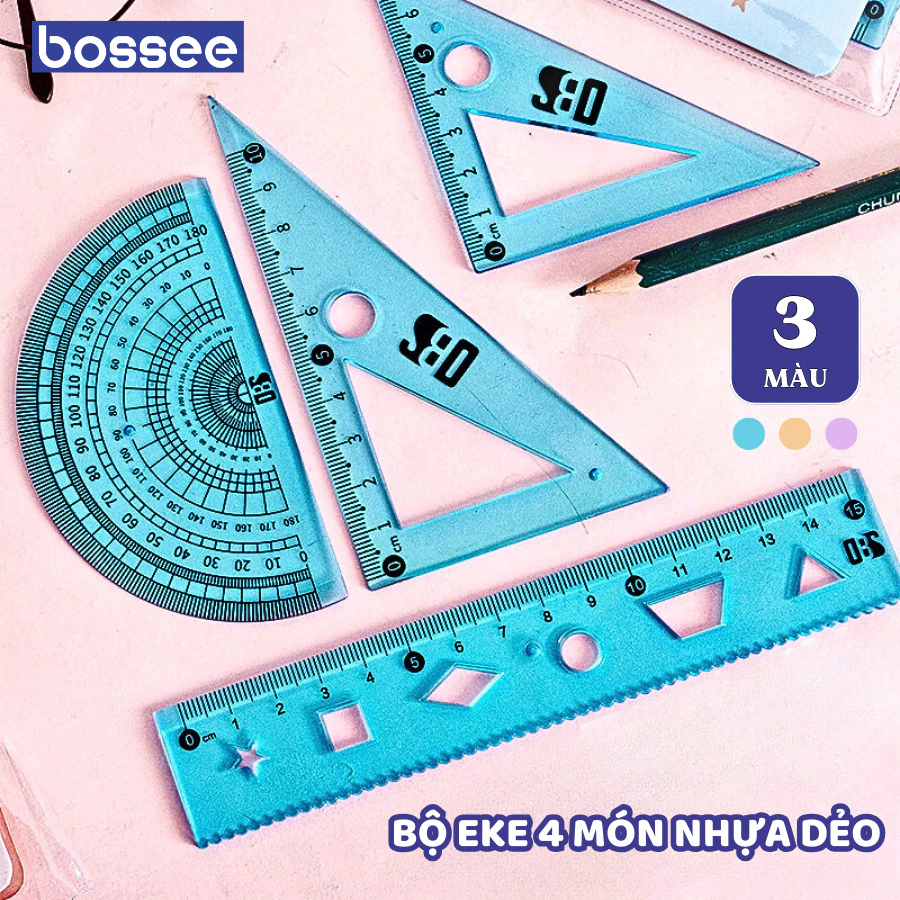 Bộ thước kẻ dẻo, thước đo độ, eke - Bộ eke 4 món, bộ thước dẻo không gãy tiện lợi, dễ nhìn và đo chí