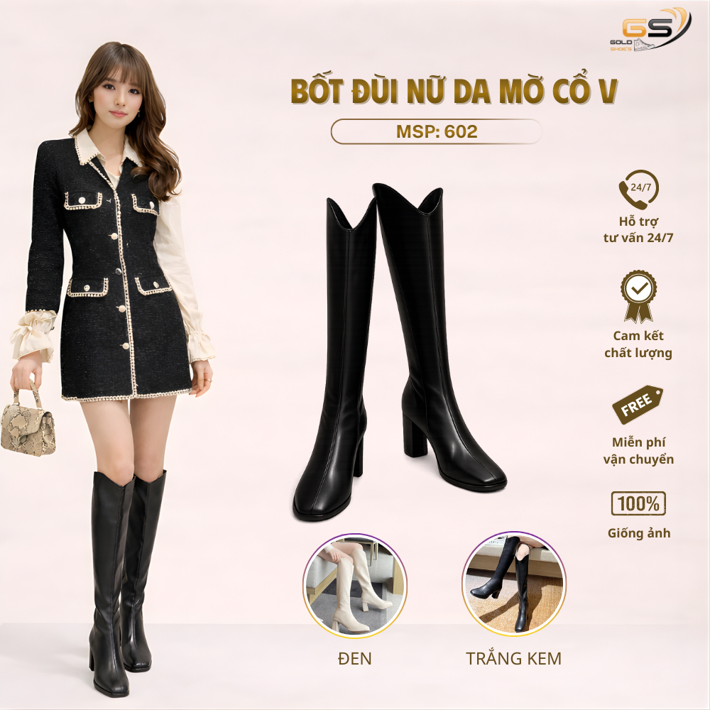 Giày Bốt Đùi Nữ Da Mờ Cổ V Đế Cao 7 Phân Khóa Sau Hàng Thời Trang Tôn Dáng Phong Cách FULL BOX MSP:602