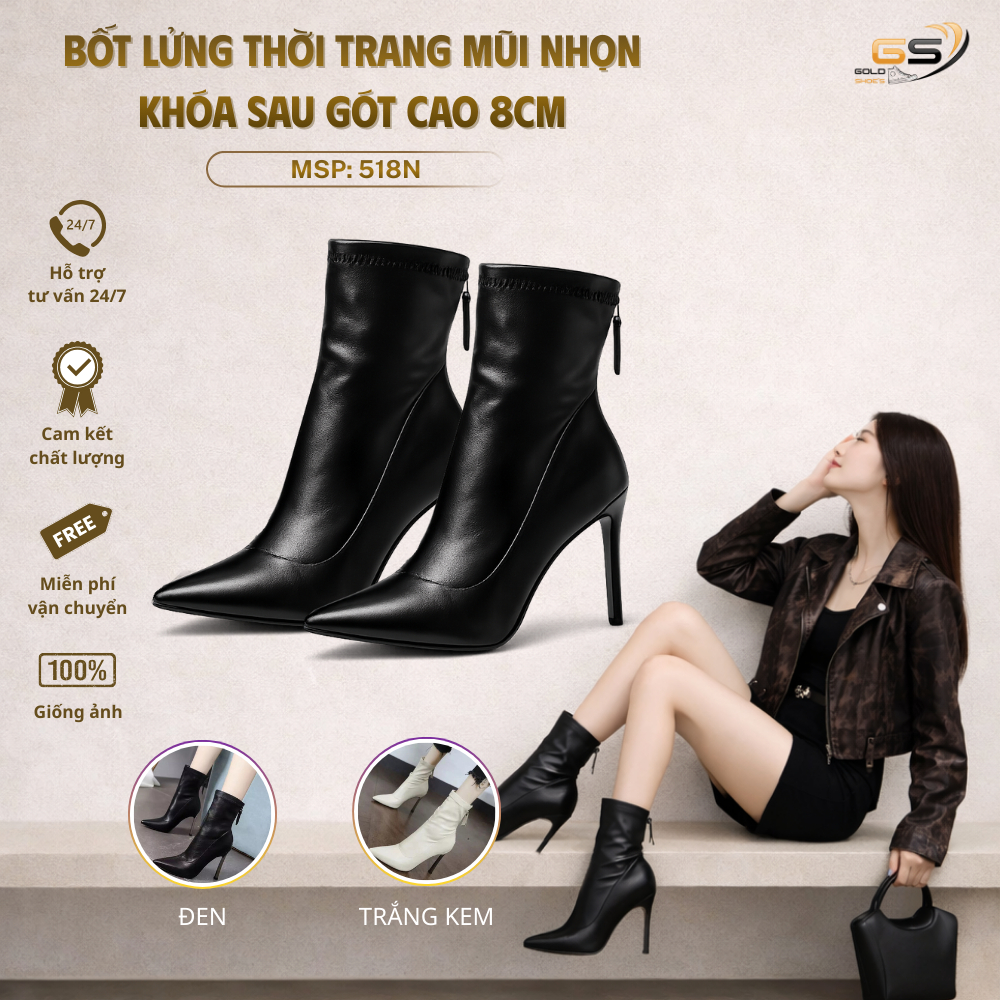 Giày Bốt Lửng Mũi Nhọn Khóa Sau Gót Cao 8Cm Hàng Cao Cấp FULL BOX Êm Nhẹ Phong Cách MSP: 518N