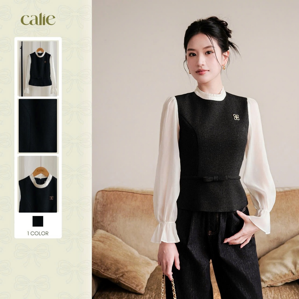 Áo peplum text phối tay tơ, chất liệu cao cấp, form basic tôn dáng thời trang thiết kế nữ Calie Pl08