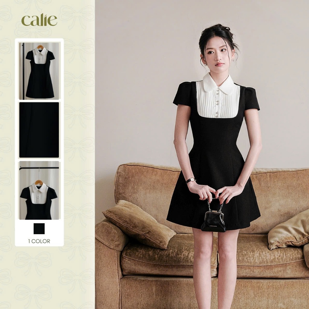 Váy dáng A phối cổ ngực trắng xếp ly, chất liệu mịn mướt, form basic thời trang nữ Calie VA514