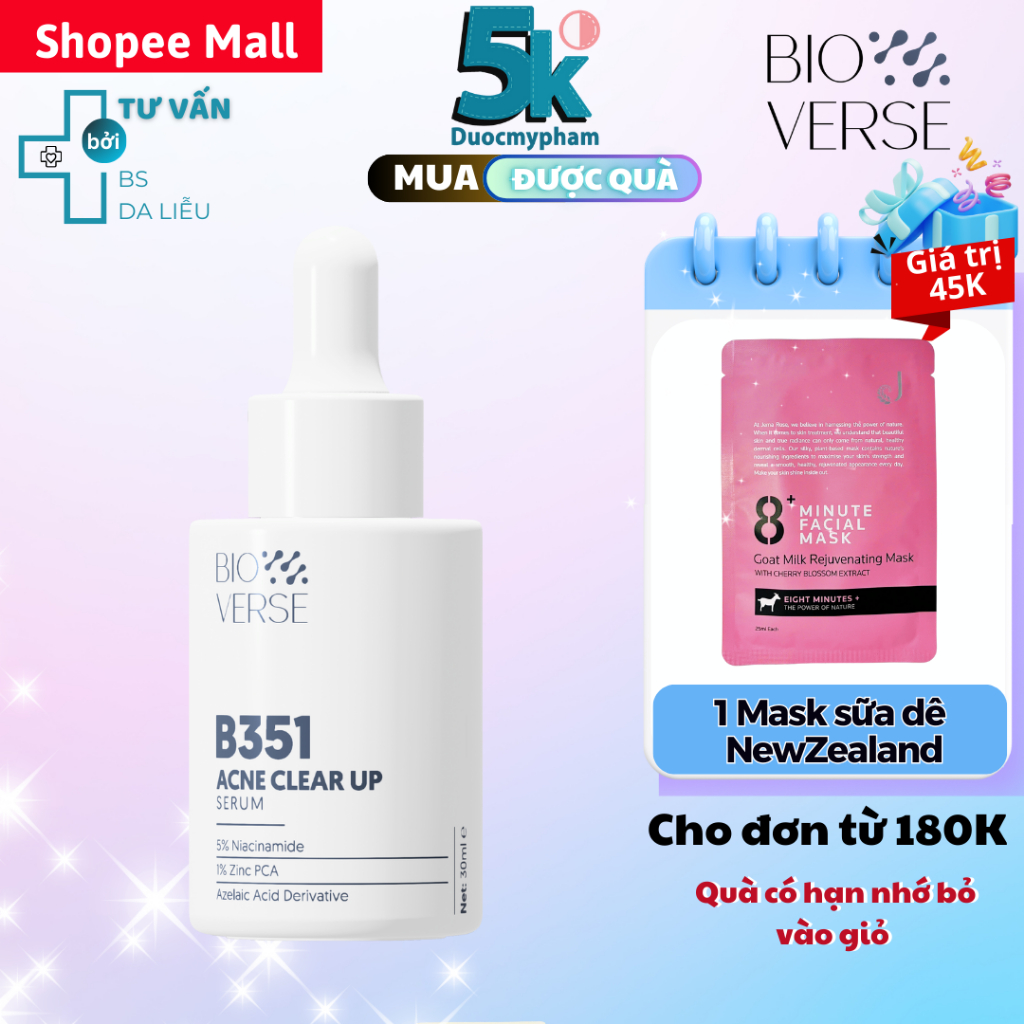 Bioverse Tinh Chất Niacinamide 5% + Zinc 1% Hỗ Trợ Mụn B351 Acne Clear Up Serum 5ml-30ml