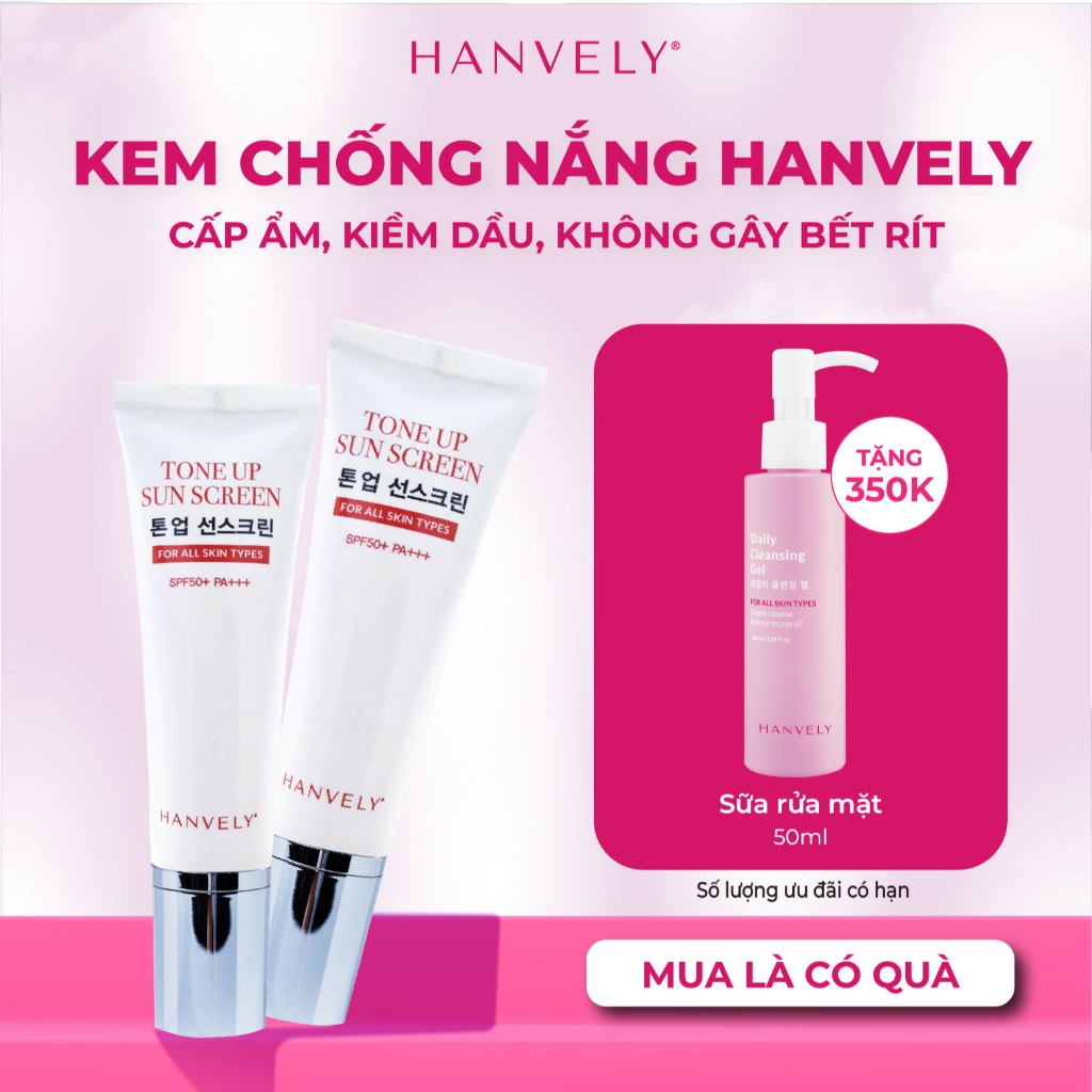 [Combo Mua 2 Tặng 1] Hai Tuýp Kem Chống Nắng Makeup Nâng Tone Tặng 1 Sữa Rửa Mặt Hanvely Hàn Quốc