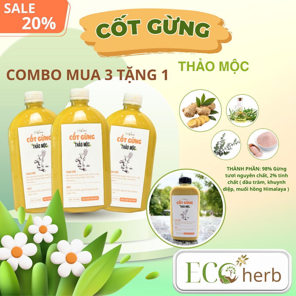 Mua 3 tặng 1. Combo tinh chất cốt gừng giúp làm ấm cơ thể chăm sóc sức khỏe mọi người. Eco Herb.