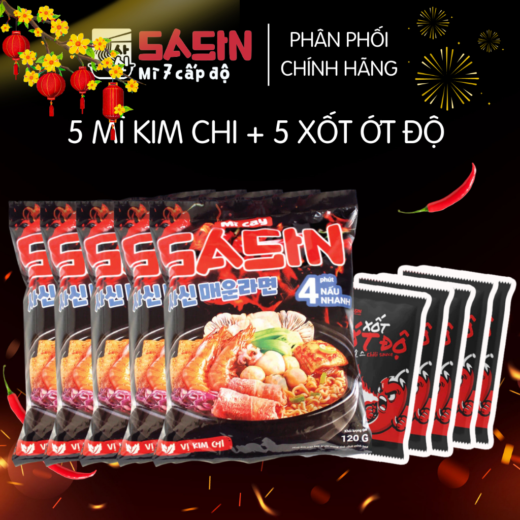 Combo 5 gói mì cay Sasin vị KIM CHI 120g + 5 gói xốt ớt độ 10g