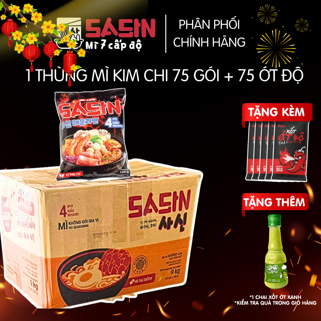 [Giá sỉ] 1 THÙNG 75 GÓI mì Kim chi + kèm 75 ỚT ĐỘ Sasin