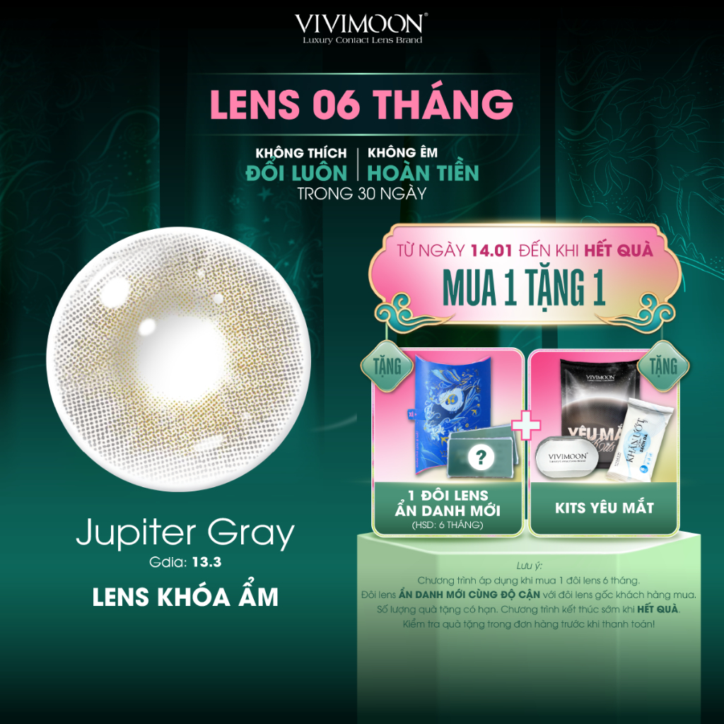 VIVIMOON lens khóa ẩm cận màu xám pha ánh vàng, kính áp tròng 3 - 6 tháng Jupiter Gray (Giá 01 đôi)
