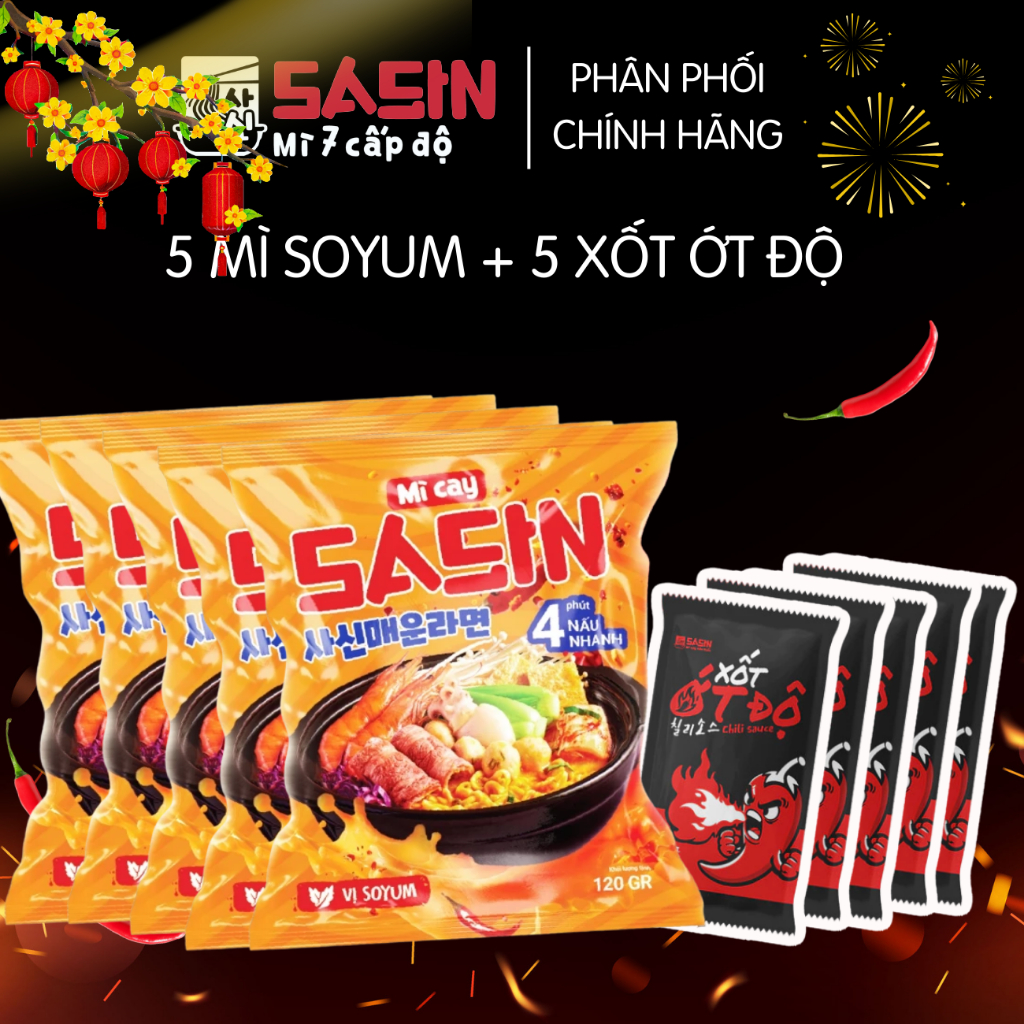 Combo 5 gói SOYUM mì cay Sasin  120g + 5 gói xốt ớt độ 10g