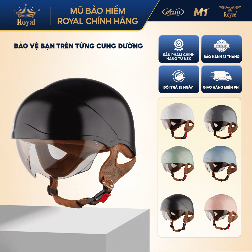 Mũ bảo hiểm 1/2 Royal M38K kính âm màu trà gọn nhẹ size L XL chính hãng
