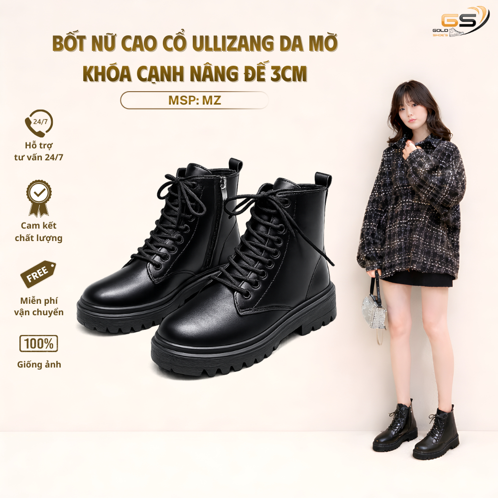 Giày Bốt Nữ Cao Cổ Ullizang Da Mờ Khóa Cạnh Đế Nâng 3Cm Siêu Hot Thời Trang Mới MSP: MZ