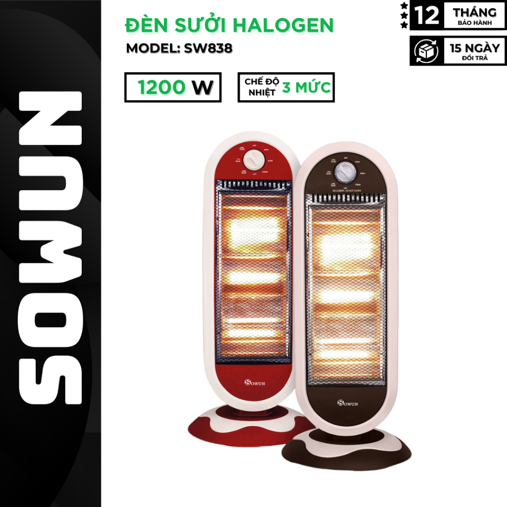 Máy Sưởi HALOGEN SOWUN SW838  Dùng Cho Phòng Tắm, Phòng Ngủ - Làm Ấm Nhanh - Tiết Kiệm Điện