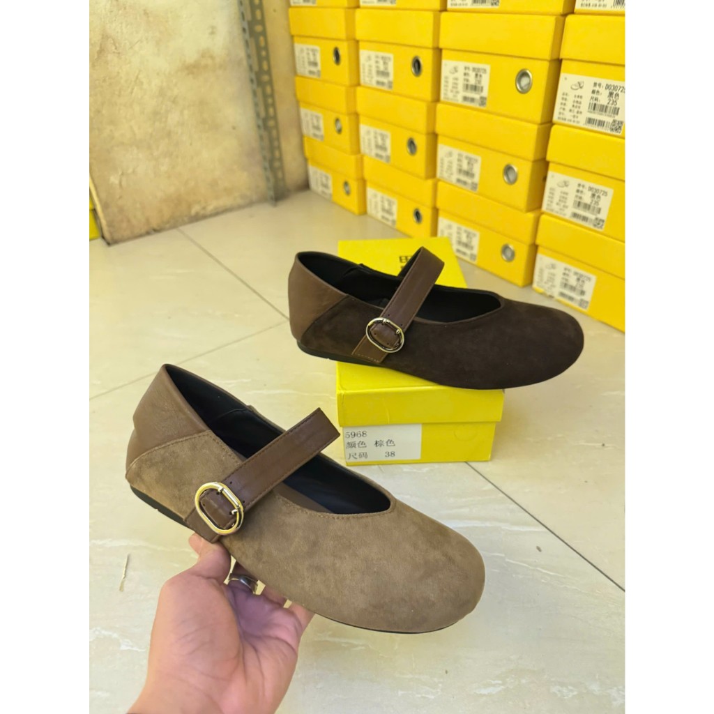 Giày mary jane nữ BEESHOES trơn da lộn mũi tròn, đế thấp 1 phân sẵn màu nâu nhạt - nâu đậm MJ104 (Fo
