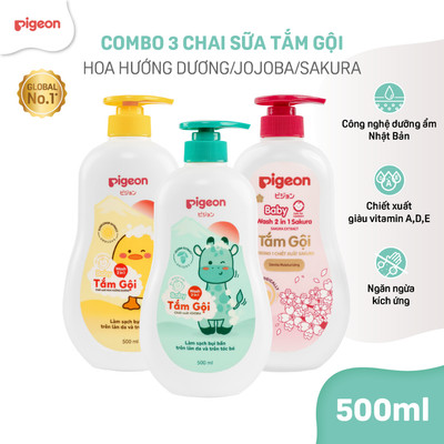 [500ML] Combo 3 Sữa tắm gội Pigeon dưỡng ẩm dịu nhẹ cho bé sơ sinh mềm mại an toàn cho da chính hãng