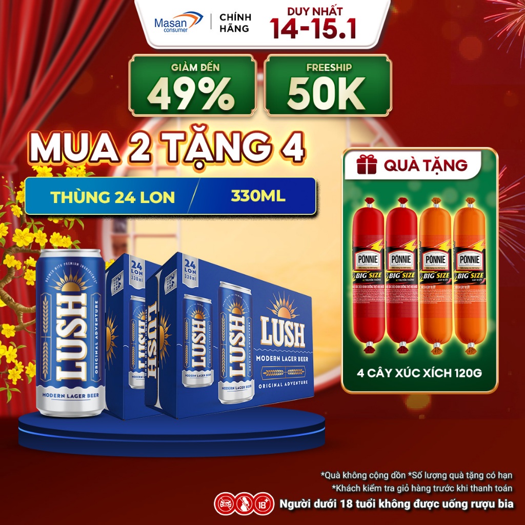 Combo 2 Thùng Bia LUSH cao cấp - Bia êm dễ uống - Thùng x 24 Lon 330ML (Nồng độ cồn 4,5%)