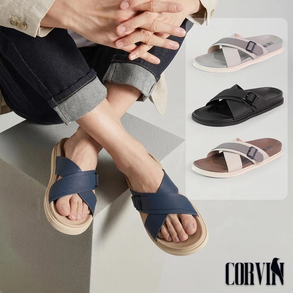 Dép Da Nam Quai Chéo CORVIN EDGE  Phong Cách Tối Giản, Da Microfiber, Đế Cao Su Form Công Thái Học