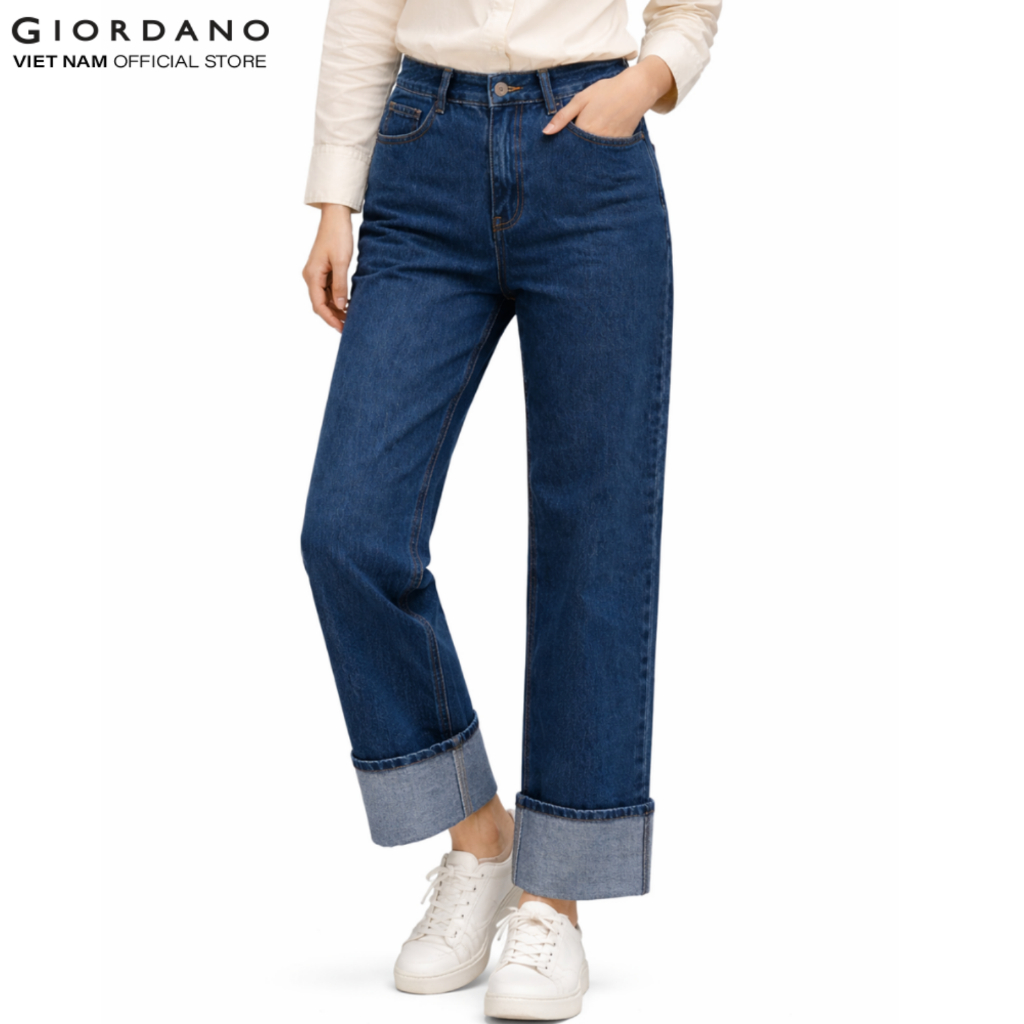 GIORDANO Quần Jeans Ống Rộng Nữ Women's New Preppy High Rise Rolled Hem Straight Jeans 5415042