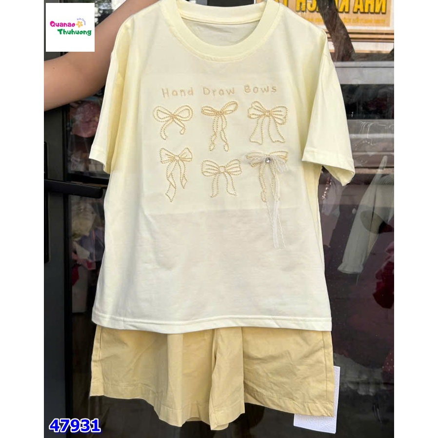 Set bộ DDH áo vàng & hồng nơ đính nơ xinh xắn cho bé