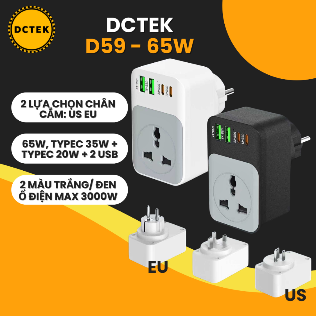 DCTEK Ổ chuyển đầu cắm điện, có thêm các cổng sạc USB typeC phù hợp văn phòng và gia đình, du lịch