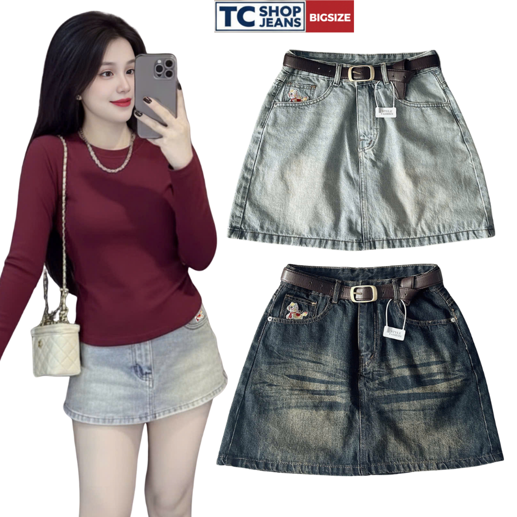 Chân váy jean nữ dáng a trơn lưng cao thêu kỳ lân TC SHOP JEANS bigsize 55-90kg chất jean mềm MS 211