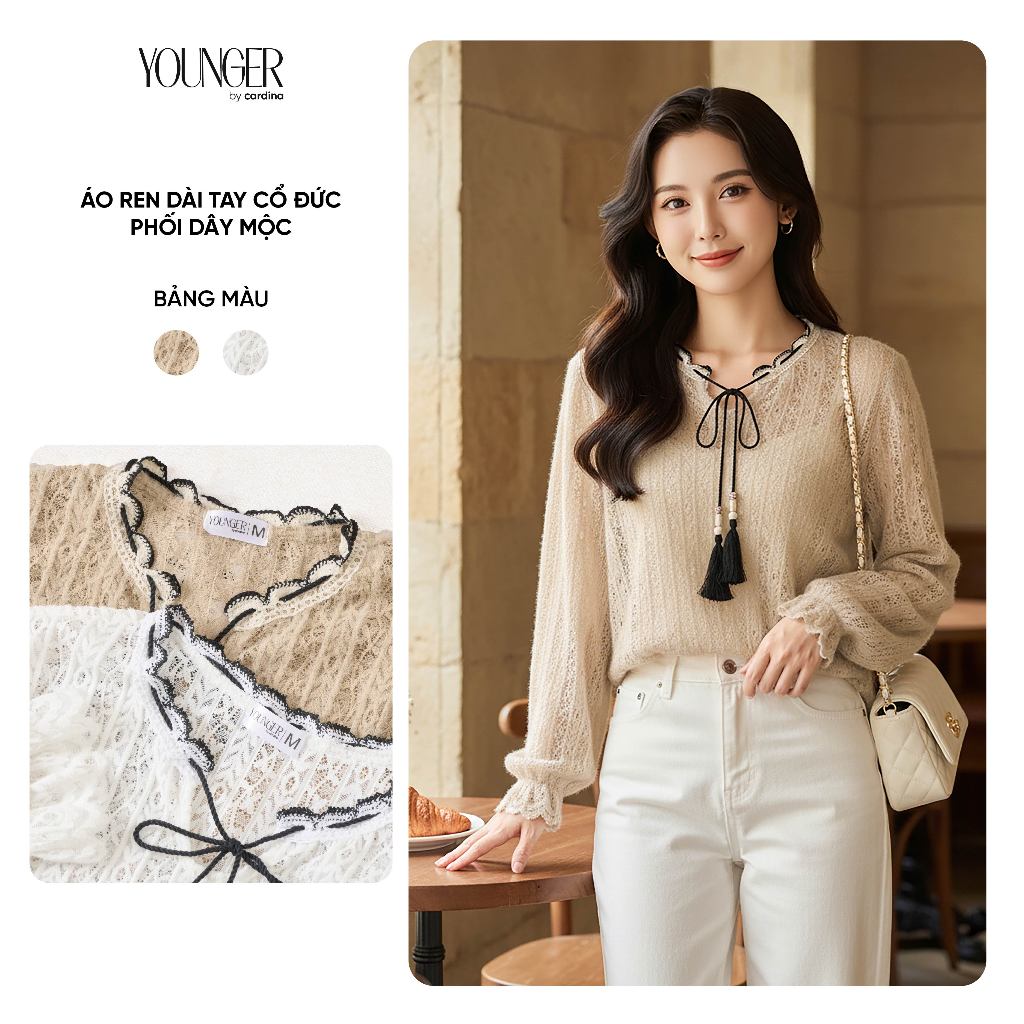 Áo ren nữ YOUNGER BY CARDINA dài tay cổ phối dây mộc 5YARD08