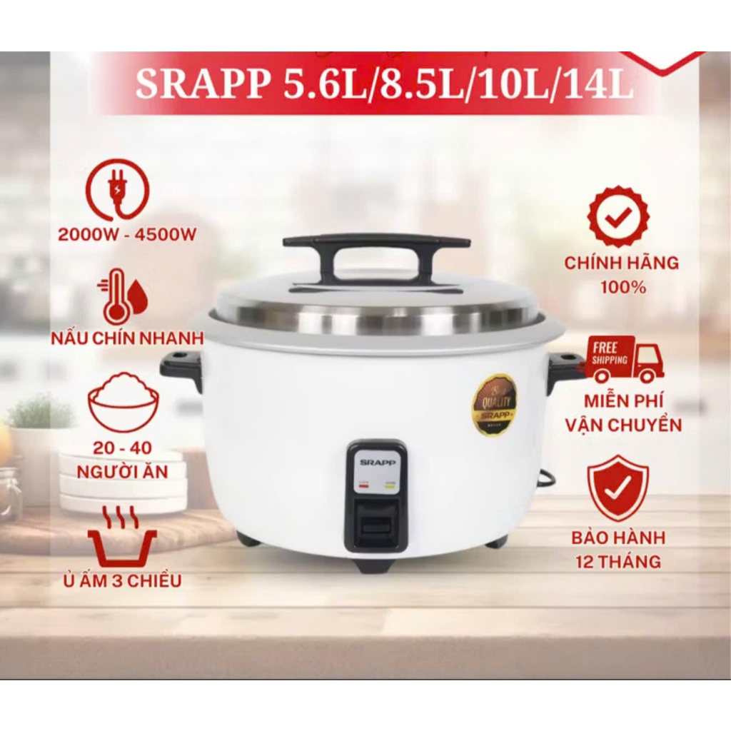 Nồi cơm điện công nghiệp SRAPP  14L Nấu 8-9kg gạo 3000w SH-NC858 Bảo Hành 12 Tháng