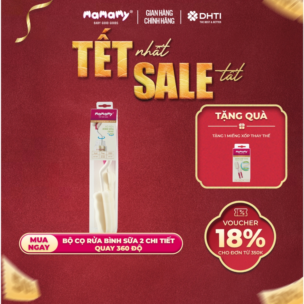 Bộ cọ rửa bình sữa 2 chi tiết quay 360 độ Mamamy, siêu mềm, an toàn cho bé từ sơ sinh