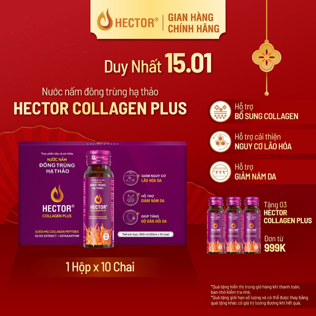 Nước Nấm Đông trùng hạ thảo Hector Collagen Plus hỗ trợ làm mờ thâm nám, bổ sung collagen