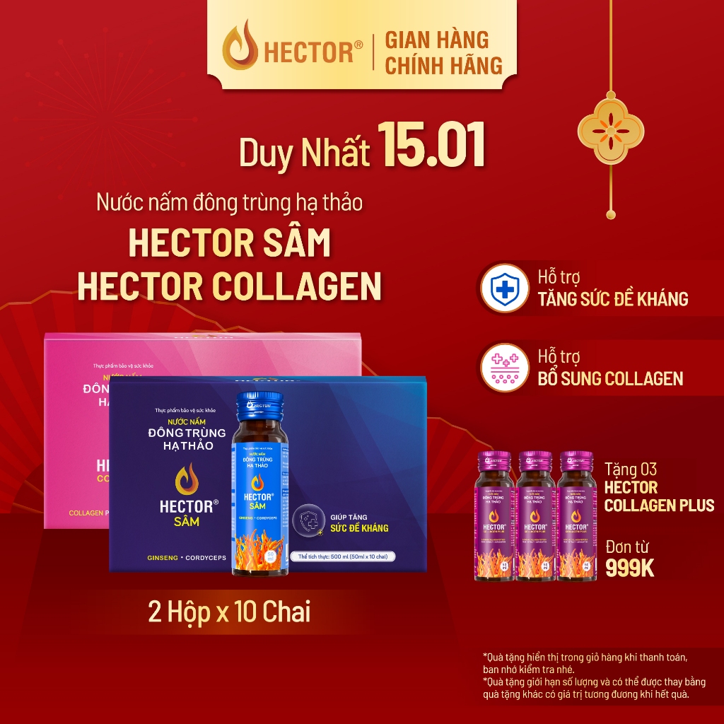 Bộ 2 Hộp Nước Nấm Đông Trùng Hạ Thảo HECTOR Sâm và HECTOR Collagen tăng đề kháng, bổ sung collagen