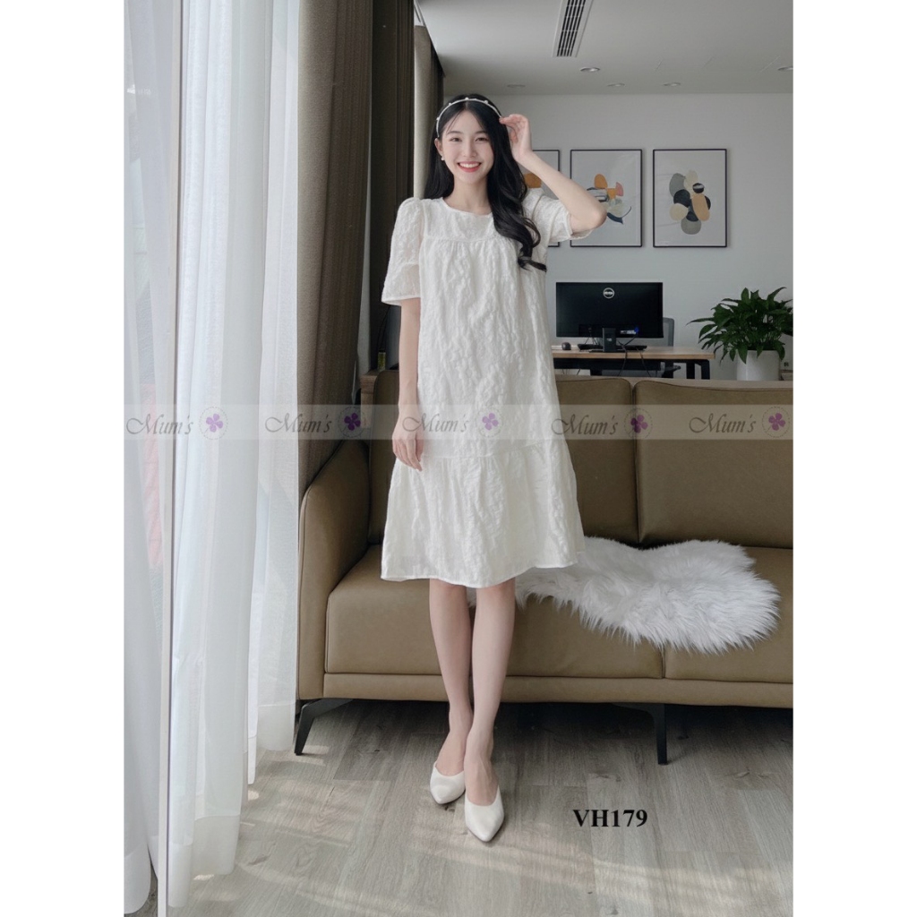 Váy bầu xinh Mum's Shop  VH179 tơ trắng hoa cúc nhẹ nhàng, tiểu thư cho mẹ bầu mùa hè