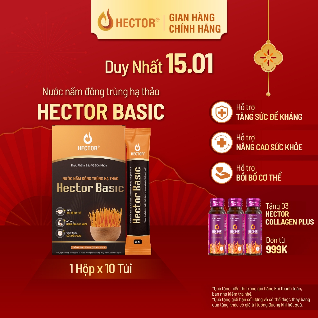 Nước nấm Đông trùng hạ thảo Hector Basic (10 gói x 25ml) hỗ trợ bồi bổ cơ thể