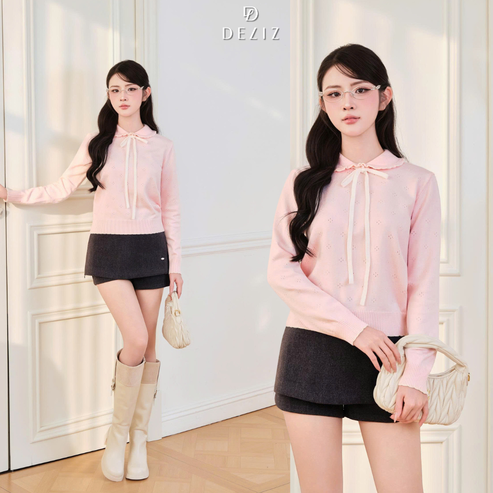 DELIZ - Áo len phối nơ dài tay cho nữ bst thu đông phong cách tiểu thư nhẹ nhàng AL75