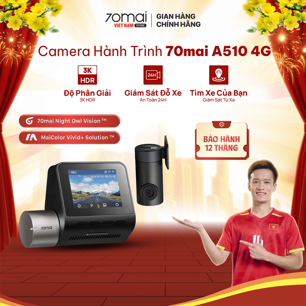 Camera hành trình 70mai A510 4G, 3K HDR Ghi hình đồng thời 2 mắt trước sau sắc nét