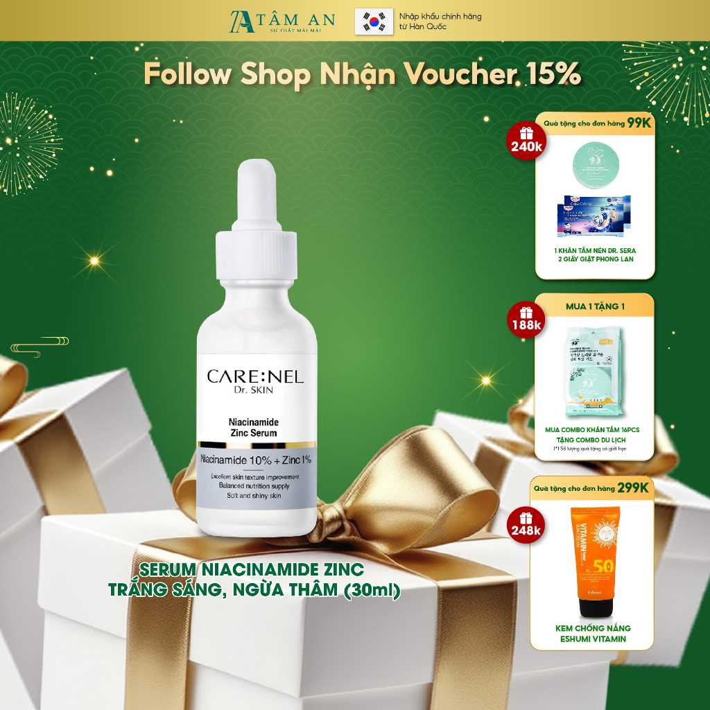 Serum Niacinamide 10% kẽm centella dưỡng ẩm mờ thâm nám CARE:NEL NIACINAMIDE 10% ZINC PCA 1% 30ml