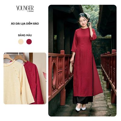 Áo dài nữ Diễm Đào YOUNGER BY CARDINA tách set vải lụa vân áo đính hoa tay lỡ cổ tròn và quần lụa 5YADK06 , 5YQDR11